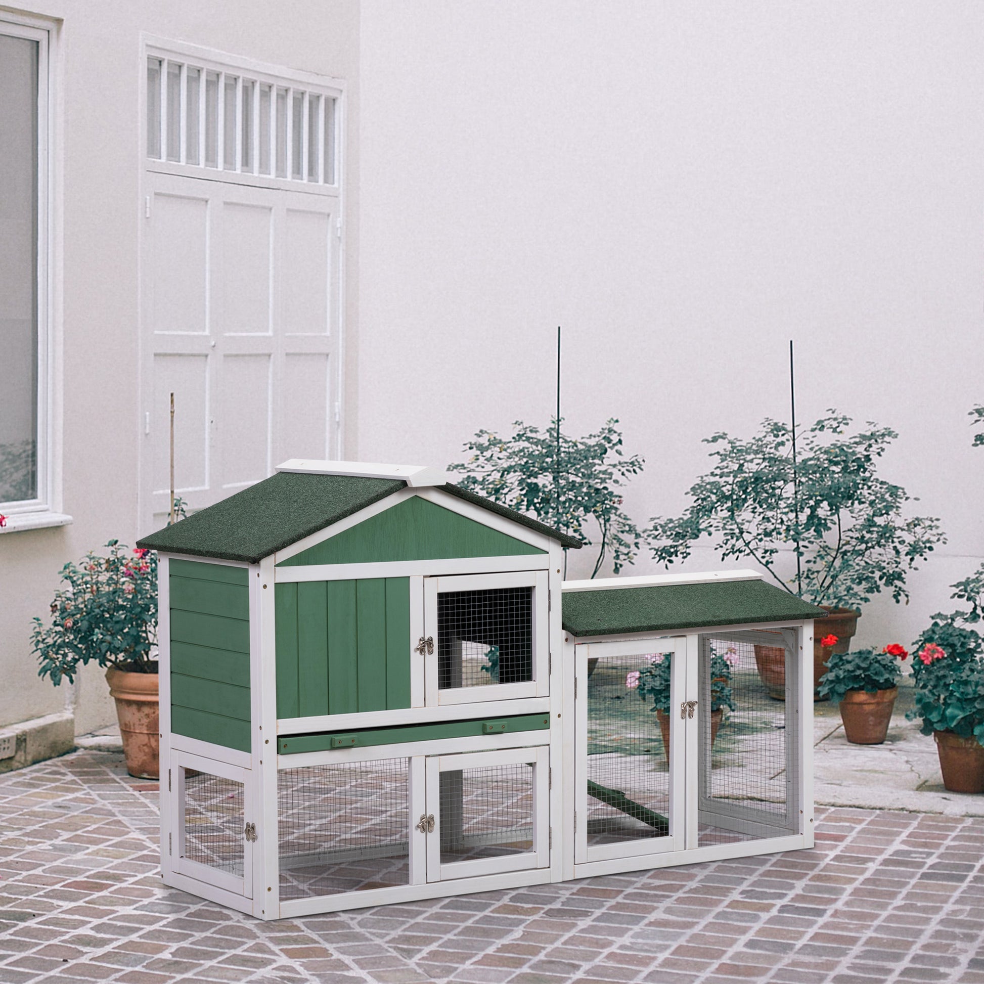 Large Wooden Rabbit Hutch Indoor And Outdoor Bunny Cage With A Removable Tray And A Waterproof Roof, Grey Green White Green Wood