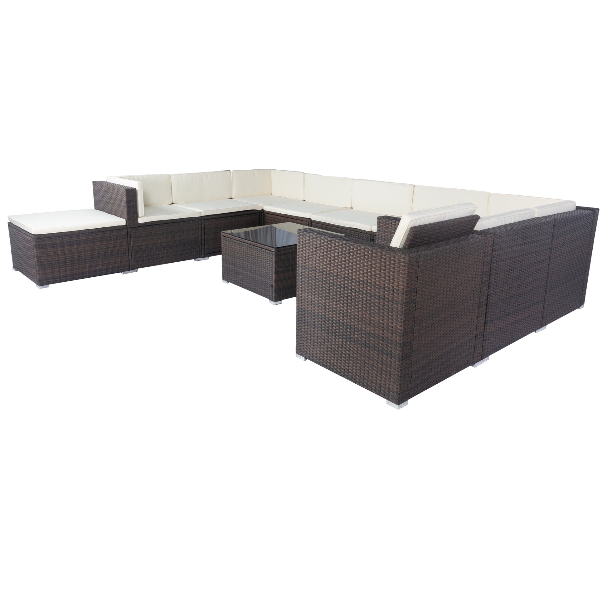 11 Piece Patio Wicker Conversation Set, 10 Seater Patio Sectional Set With 3 Storage Box Under Seat Brown Wicker White Cushion Yes Complete Patio Set Brown Rust Resistant Frame Mildew Resistant Cushion Garden & Outdoor Modern Complete Patio Sets Fiber