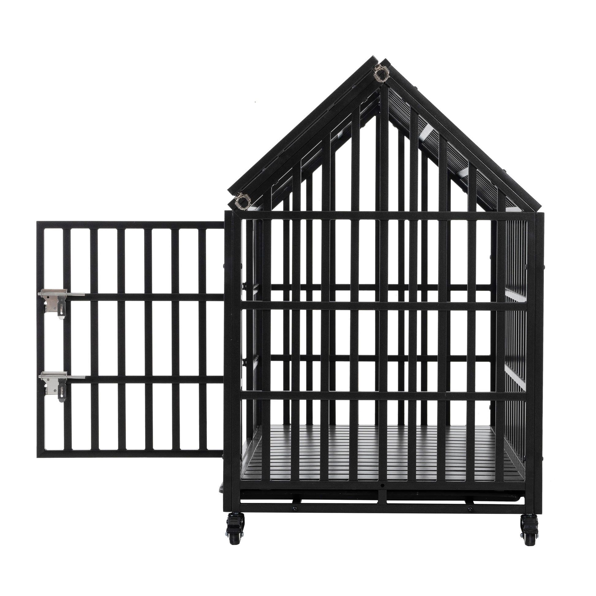 52" Heavy Duty Dog Crate Large Dog Cage Strong Metal Dog Kennels And Crates For Large Dogs With 4 Lockable Wheels Black Carbon Steel