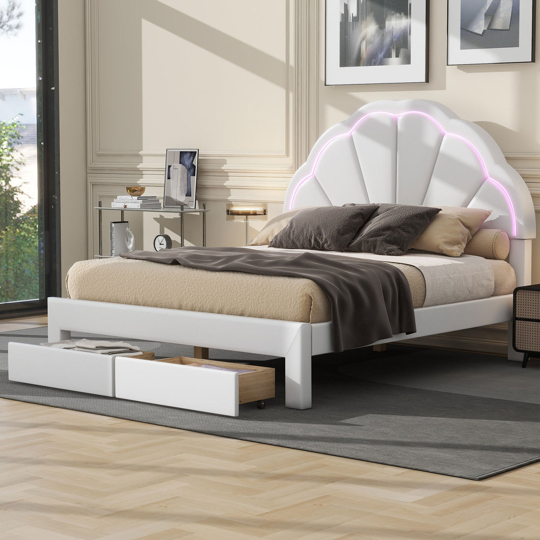 Full Size Upholstered Platform Bed With Seashell Shaped Headboard, Led And 2 Drawers, White Box Spring Not Required Full White Wood Bedroom Bed Frame Faux Leather Upholstered