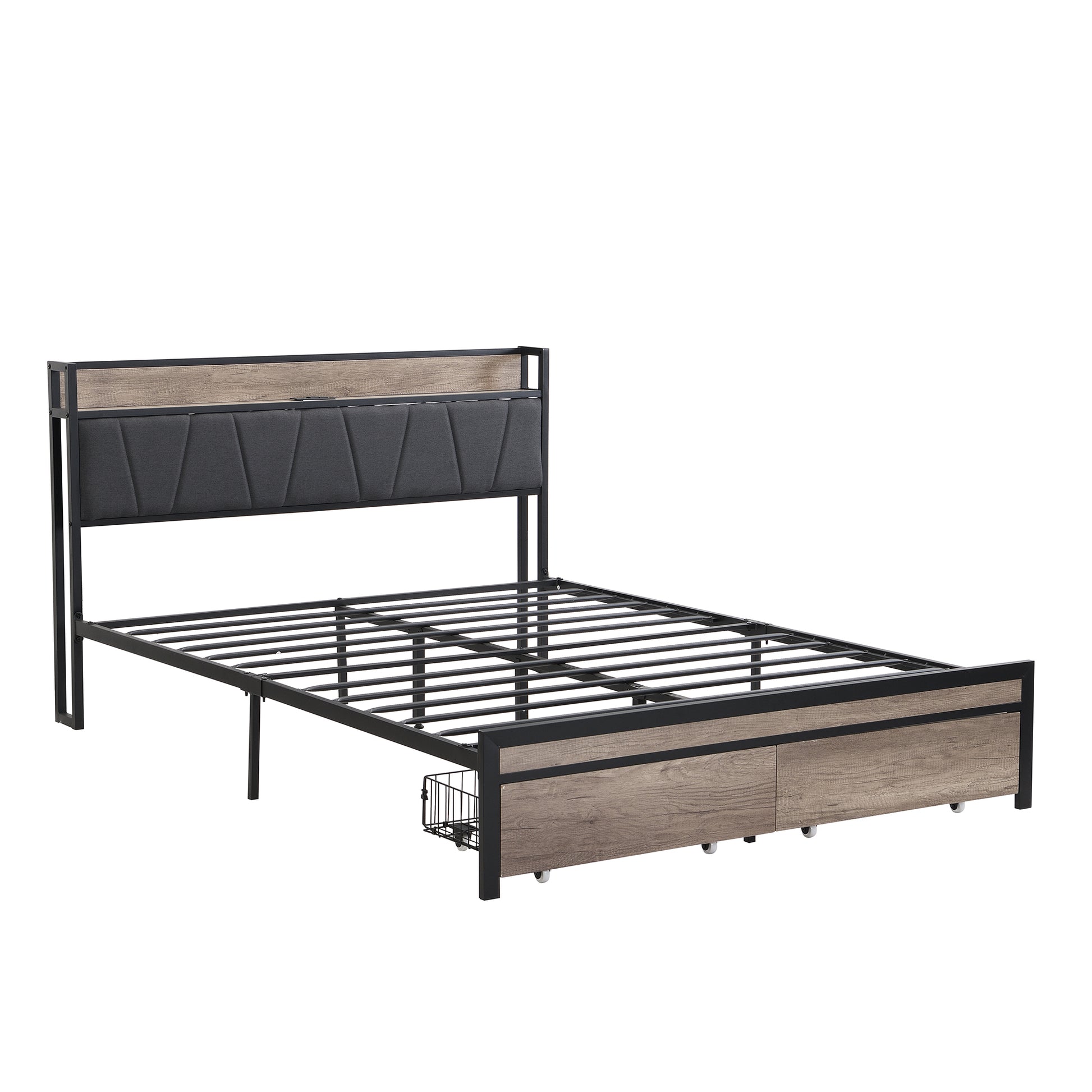 Queen Size Metal Platform Bed Frame With Upholstery Storage Function Headboardand Usb Liner And Footboard With Drawersno Box Spring Needed, Large Under Bed Storage, Easy Assemble Black Gray Mdf Metal