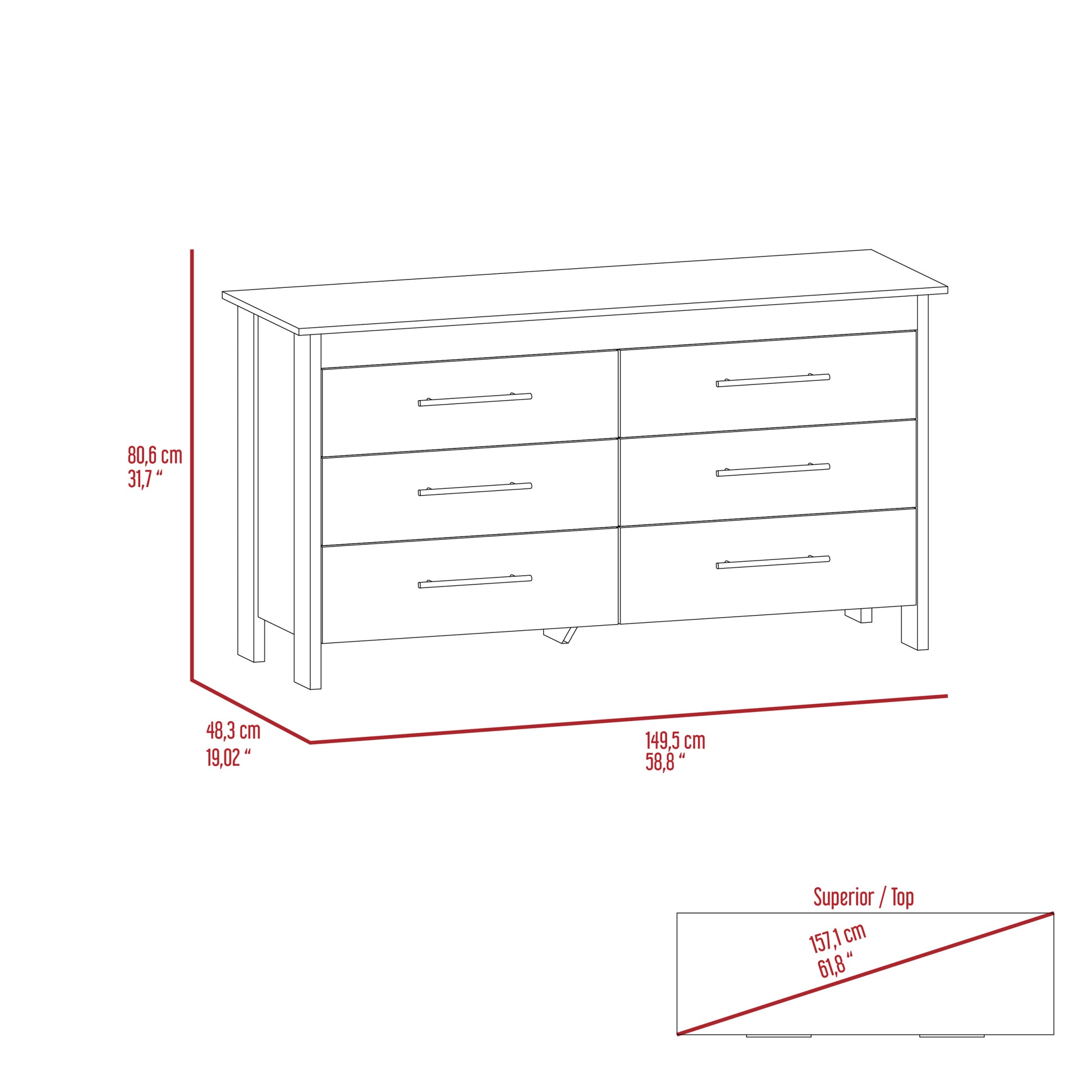 6 Drawer Double Dresser Wezz, Bedroom, White White Particle Board Particle Board