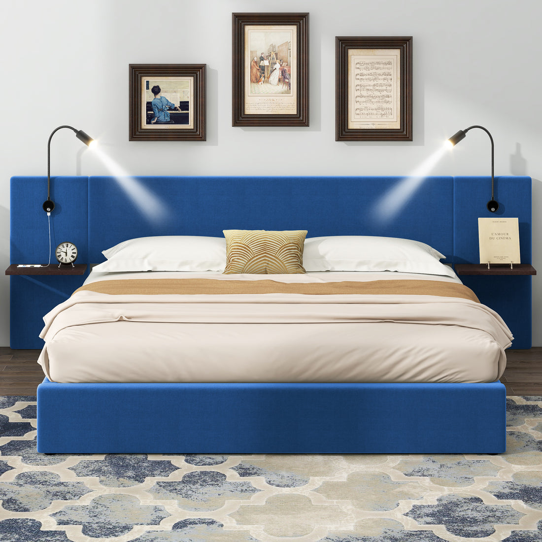 Queen Size Storage Upholstered Hydraulic Platform Bed With 2 Shelves, 2 Lights And Usb, Blue Box Spring Not Required Queen Blue Wood Bedroom Bed Frame Velvet Upholstered