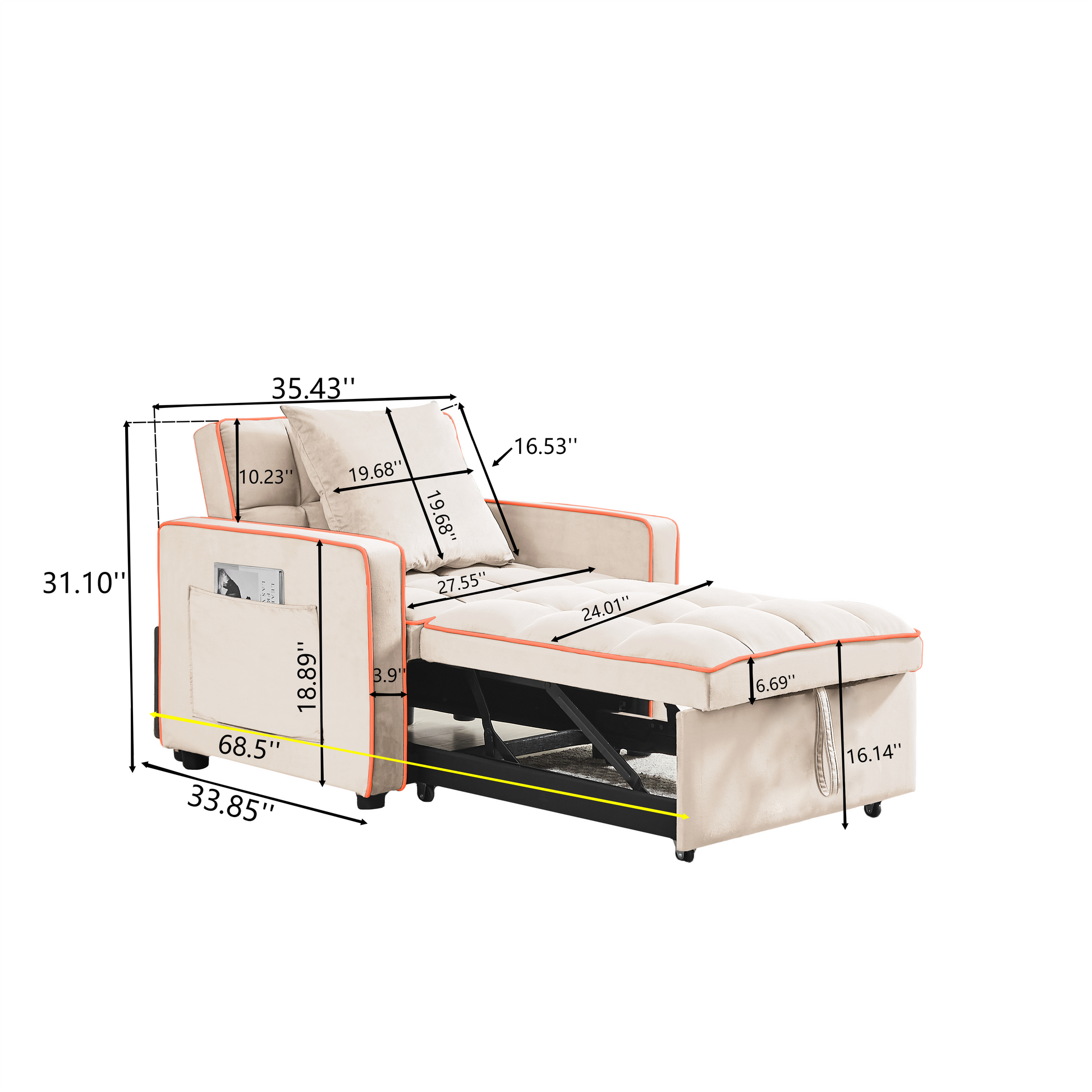 Three In One Sofa Bed Chair Folding Sofa Bed Adjustable Back Into A Sofa Recliner Single Bed Adult Modern Chair Bed Berth Creamy White White Wood Primary Living Space Medium Duty Eucalyptus 1 Seat Creamy White Velvet Medium Soft Tufted Back Modern Pillow