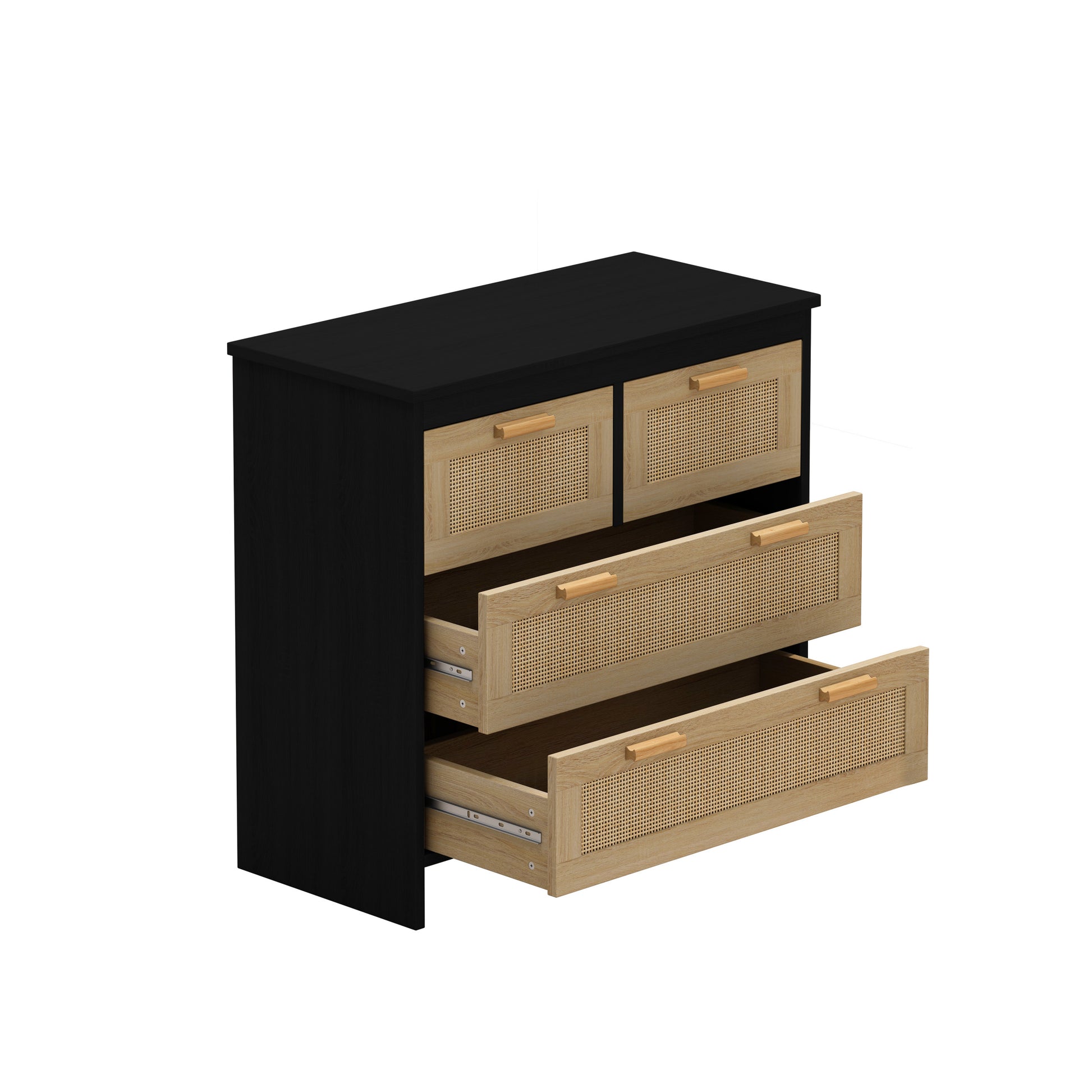 4 Drawers Rattan Cabinet,For Bedroom,Living Room,Dining Room,Hallways,Easy Assembly, Black Black Particle Board