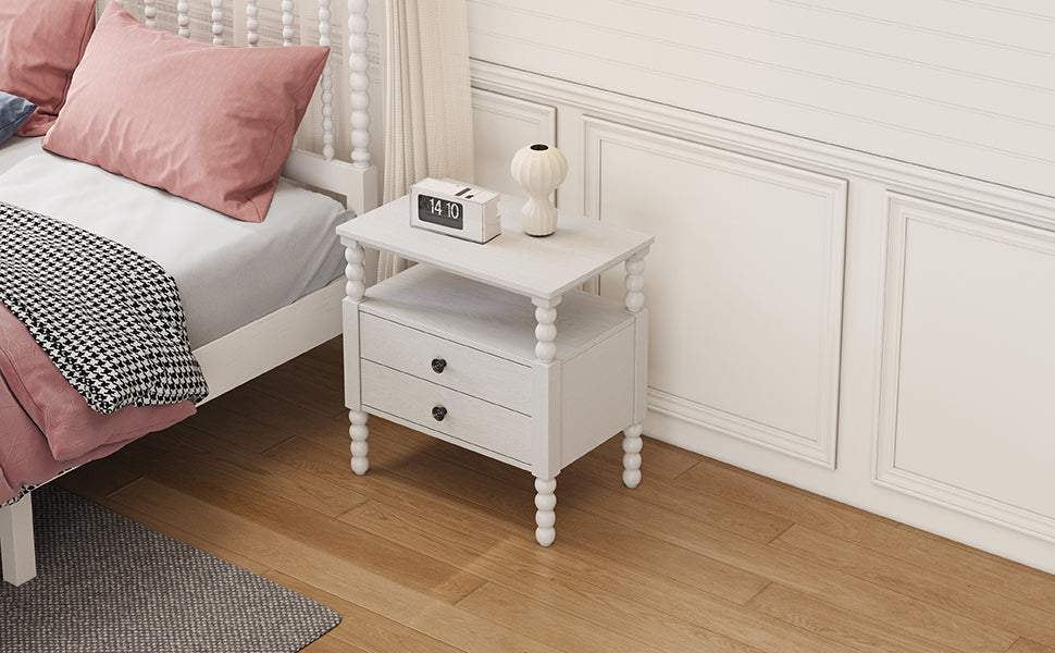 Gourd Shaped Leg 2 Drawer Nightstand, Antique White antique white-wood