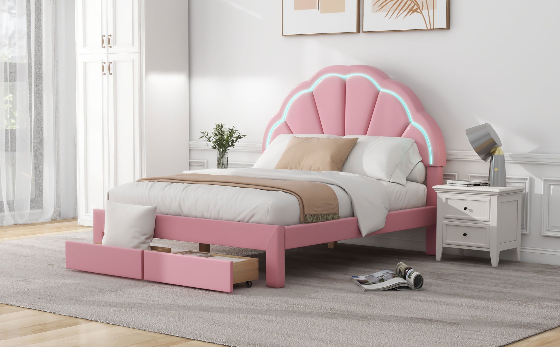 Full Size Upholstered Platform Bed With Seashell Shaped Headboard, Led And 2 Drawers, Pink Box Spring Not Required Full Pink Wood Bedroom Bed Frame Faux Leather Upholstered