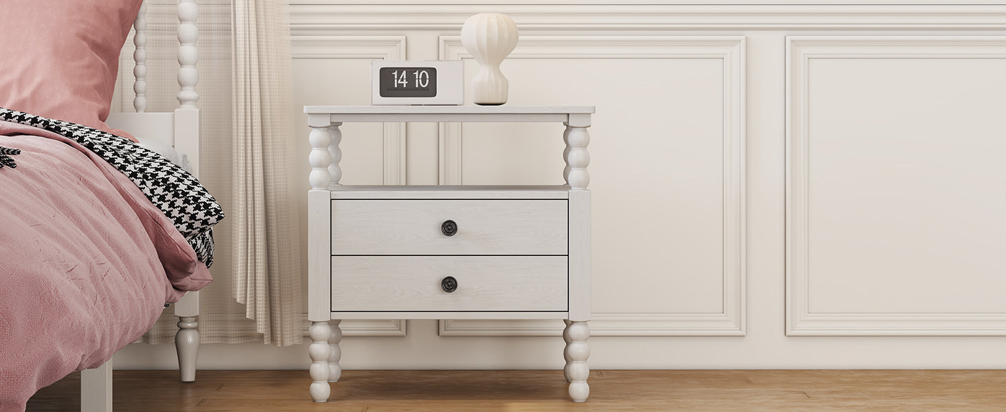 Gourd Shaped Leg 2 Drawer Nightstand, Antique White antique white-wood