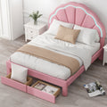 Full Size Upholstered Platform Bed With Seashell Shaped Headboard, Led And 2 Drawers, Pink Box Spring Not Required Full Pink Wood Bedroom Bed Frame Faux Leather Upholstered