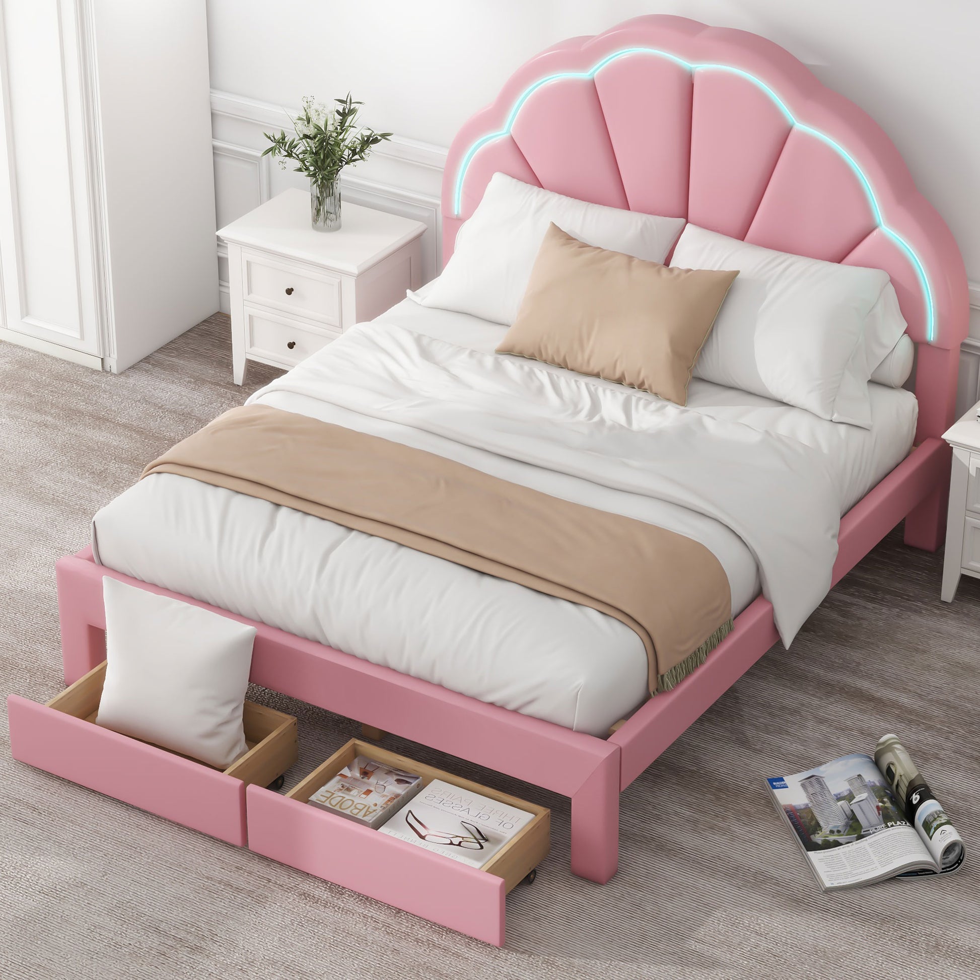 Full Size Upholstered Platform Bed With Seashell Shaped Headboard, Led And 2 Drawers, Pink Box Spring Not Required Full Pink Wood Bedroom Bed Frame Faux Leather Upholstered