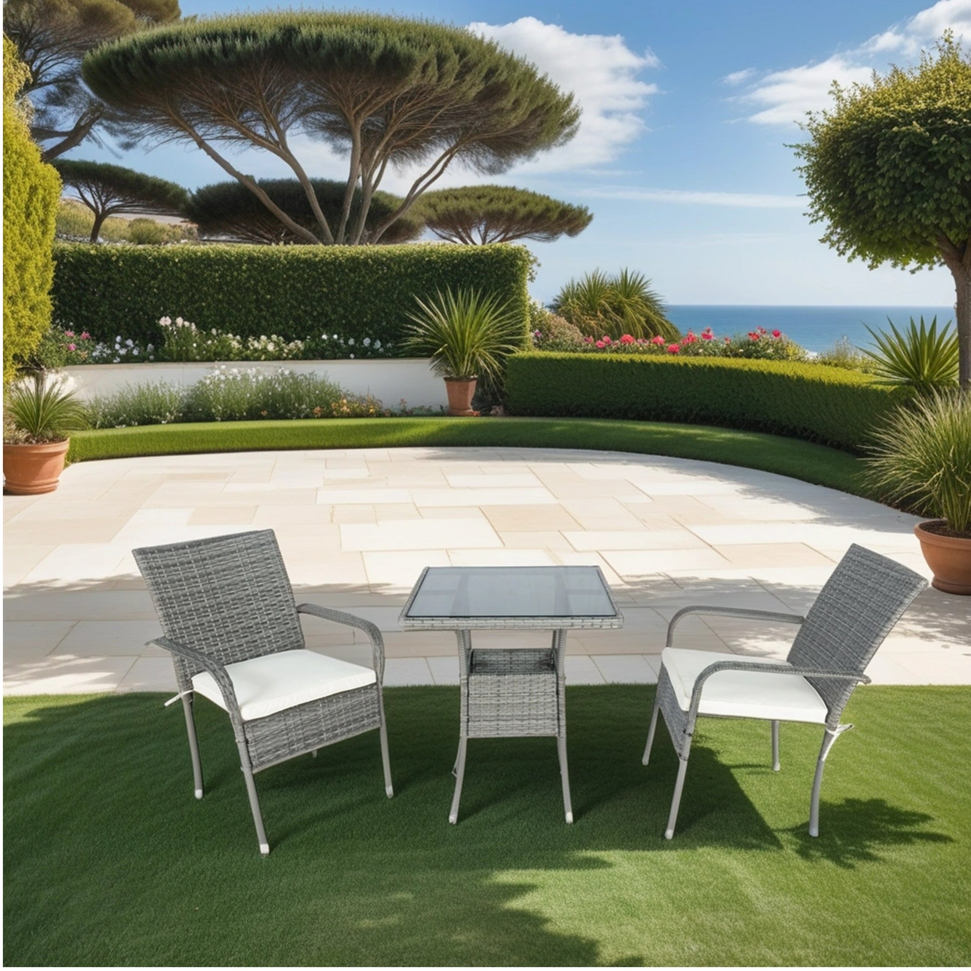 3 Piece Patio Wicker Conversation Set Grey Wicker White Cushion Yes Sectional Grey Rust Resistant Frame Mildew Resistant Cushion Garden & Outdoor Modern 2 Person Seating Group Fiber Foam Pads Rattan Metal