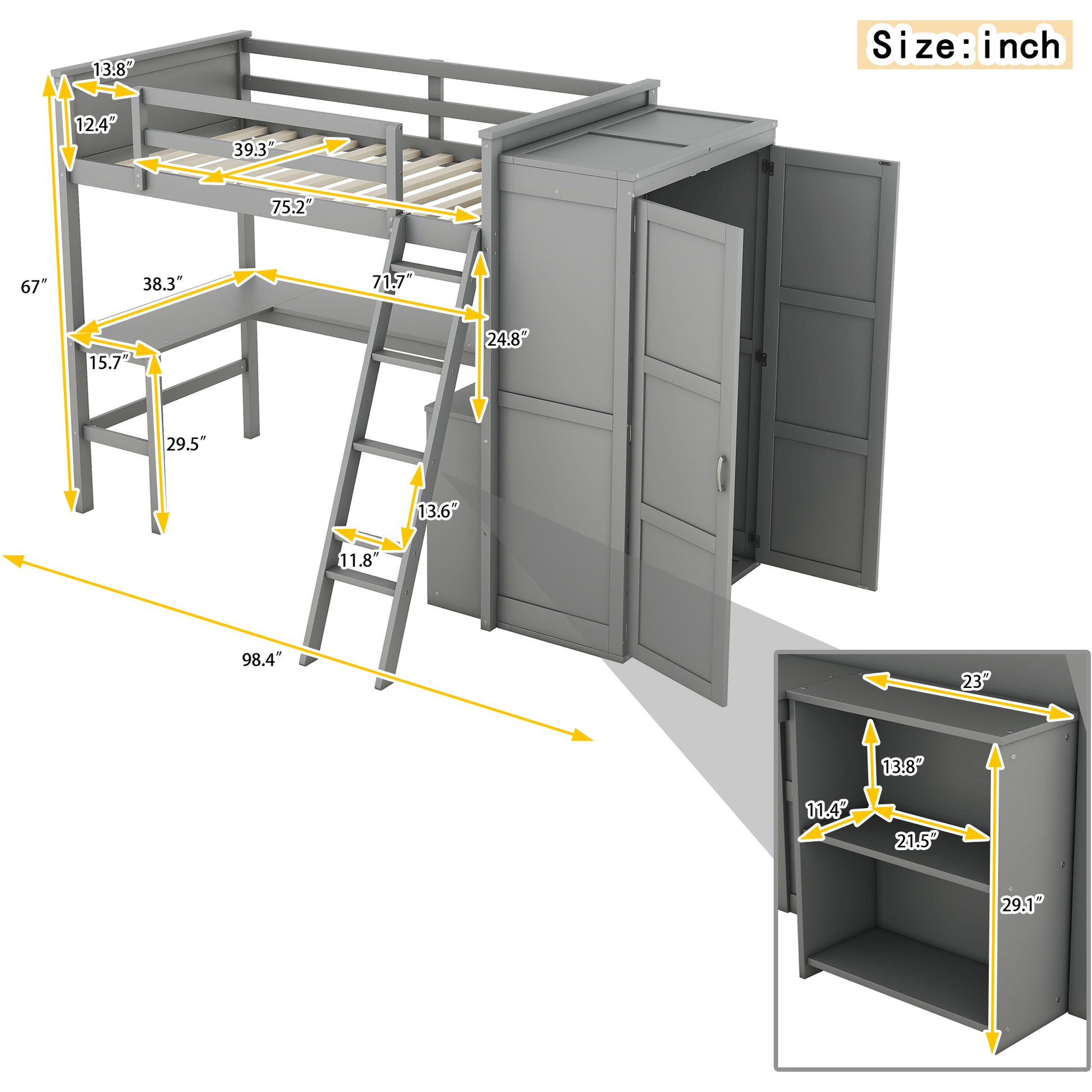 Twin Size Loft Bed With Desk, Shelves And Wardrobe Gray Gray Solid Wood