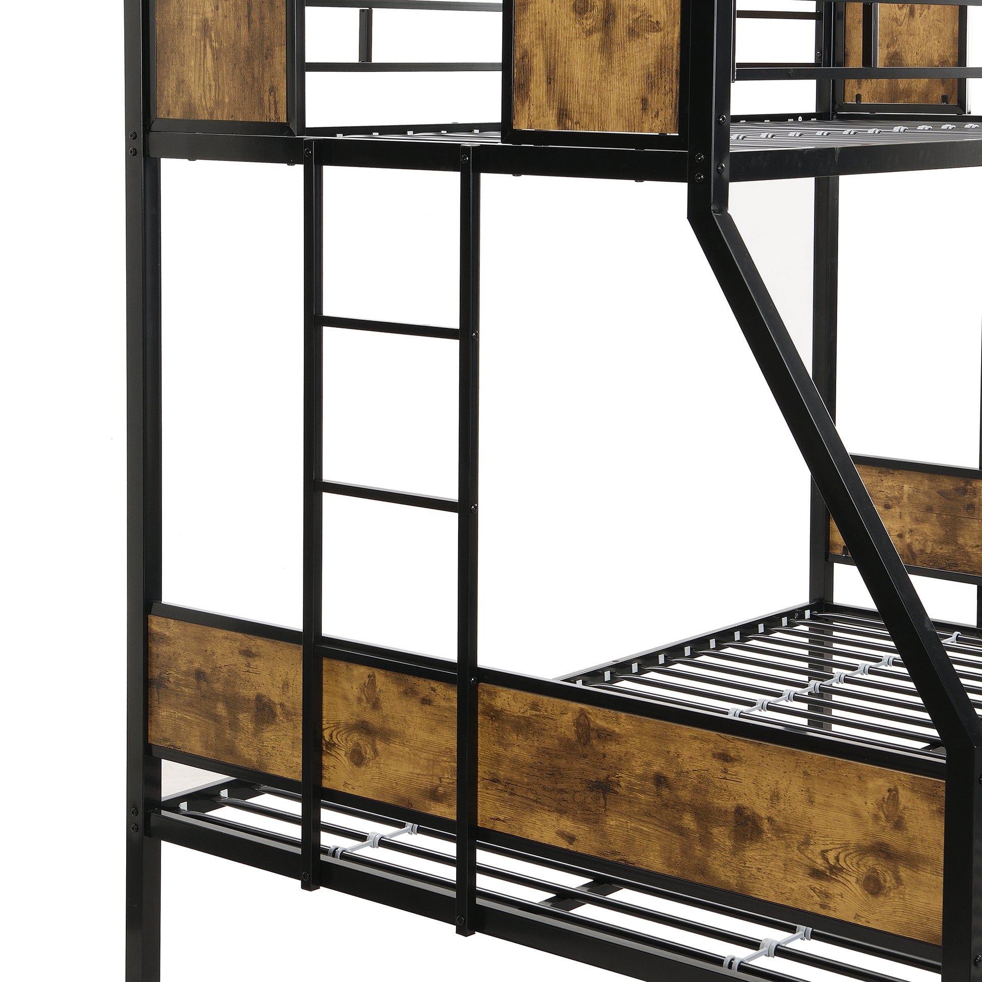 Twin Over Full Metal Bunk Bed With Trundle 2 Side Ladder And Full Length Guardrail, No Box Spring Needed, Large Under Bed Storage, Easy Assembleblack & Brown Black Brown Mdf Metal