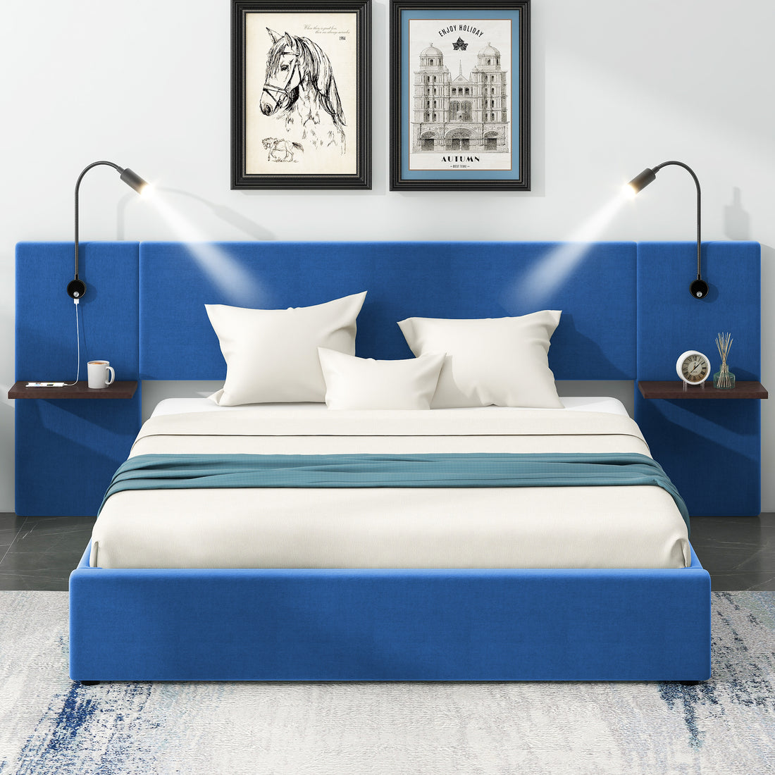 Full Size Storage Upholstered Hydraulic Platform Bed With 2 Shelves, 2 Lights And Usb, Blue Box Spring Not Required Full Blue Wood Bedroom Bed Frame Velvet Upholstered