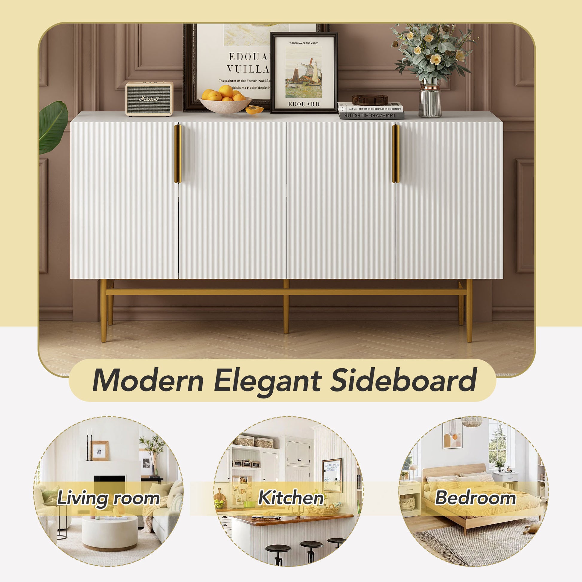 Modern Elegant 4 Door Sideboard Gold Metal Handle Buffet Cabinet For Dining Room, Living Room, Bedroom, Hallway White White Particle Board