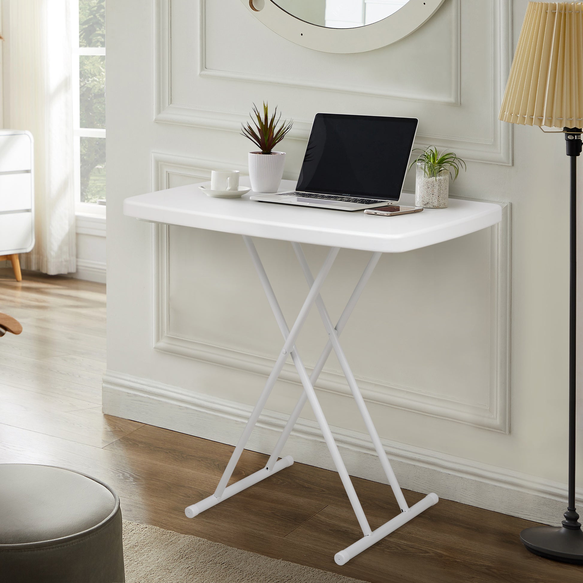 Folding Table Writing Desk With Adjustable Height For Study Office Home Use White Steel