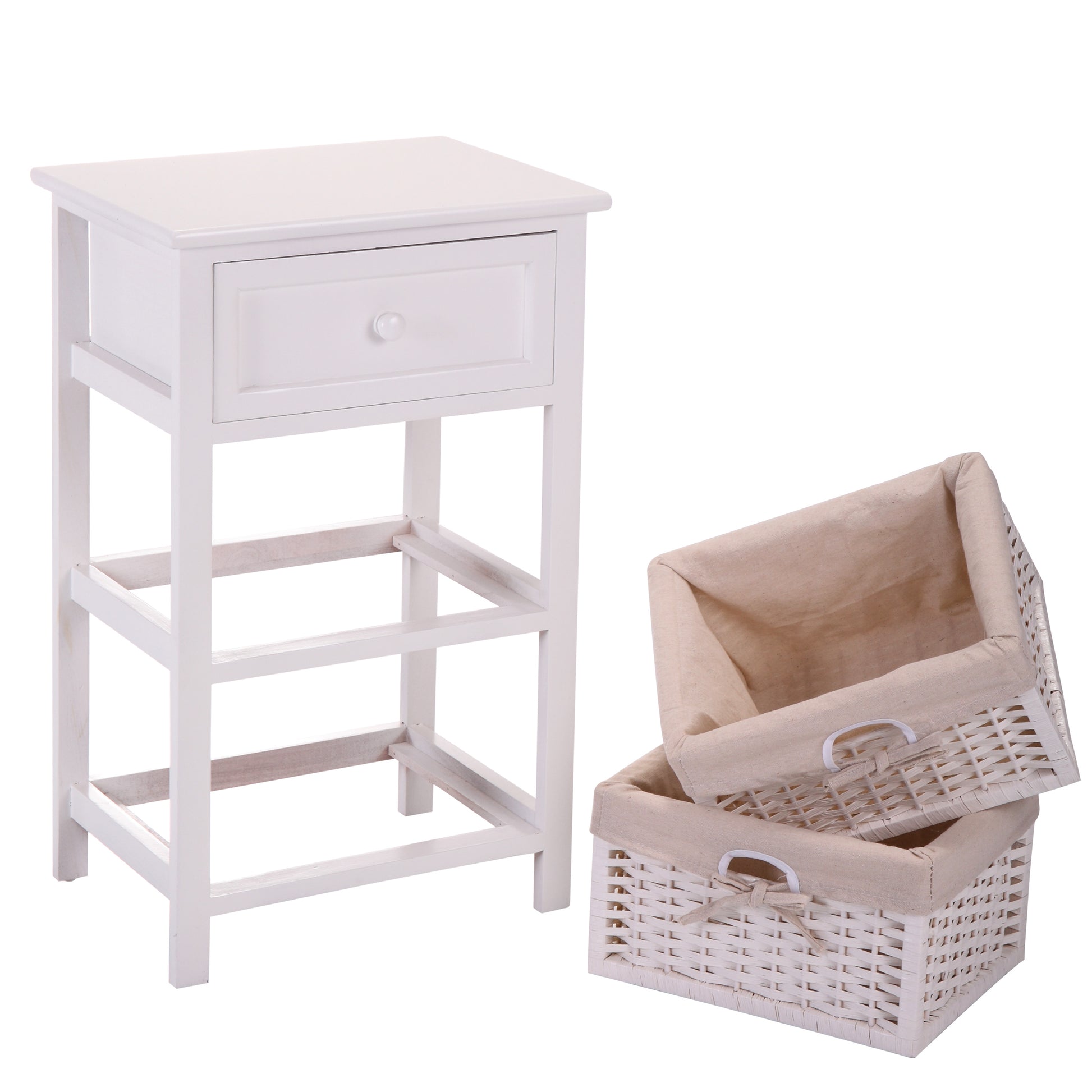 One Drawer Nightstand With Two Removable Baskets, Storage Bedside Table, Modern End Table With Tall Legs, Indoors, White White Solid Wood Mdf