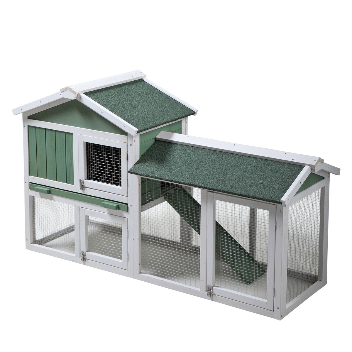 Large Wooden Rabbit Hutch Indoor And Outdoor Bunny Cage With A Removable Tray And A Waterproof Roof, Grey Green White Green Wood