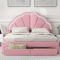 Queen Size Upholstered Platform Bed With Seashell Shaped Headboard, Led And 2 Drawers, Pink Box Spring Not Required Queen Pink Wood Bedroom Bed Frame Faux Leather Upholstered