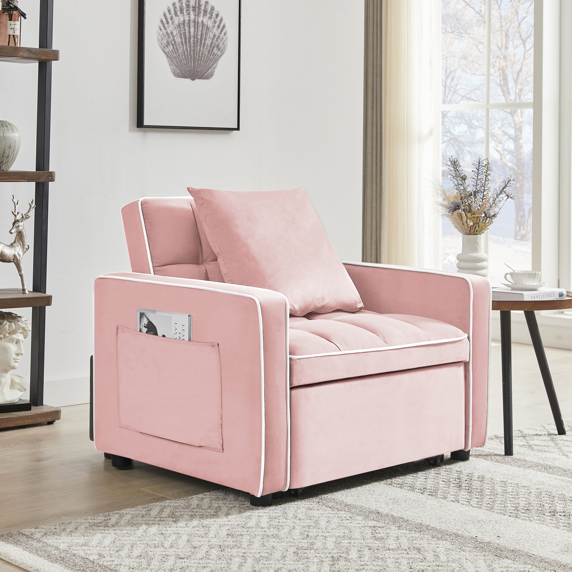 Three In One Sofa Bed Chair Folding Sofa Bed Adjustable Back Into A Sofa Recliner Single Bed Adult Modern Chair Bed Berth Pink White Wood Primary Living Space Medium Duty Eucalyptus 1 Seat Pink Velvet Medium Soft Tufted Back Modern Pillow Top Arms Solid