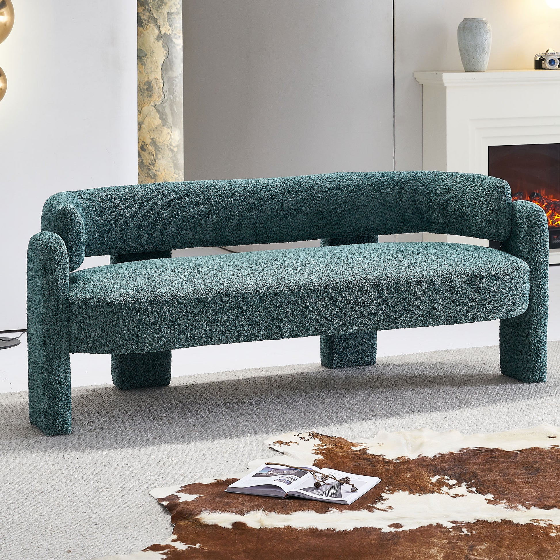 75.59" Wide Boucle Upholstery Modern Sofa For Living Room Green Green Polyester Wood Primary Living Space Tight Back Modern Rolled Arms Foam Boucle 1 Seat