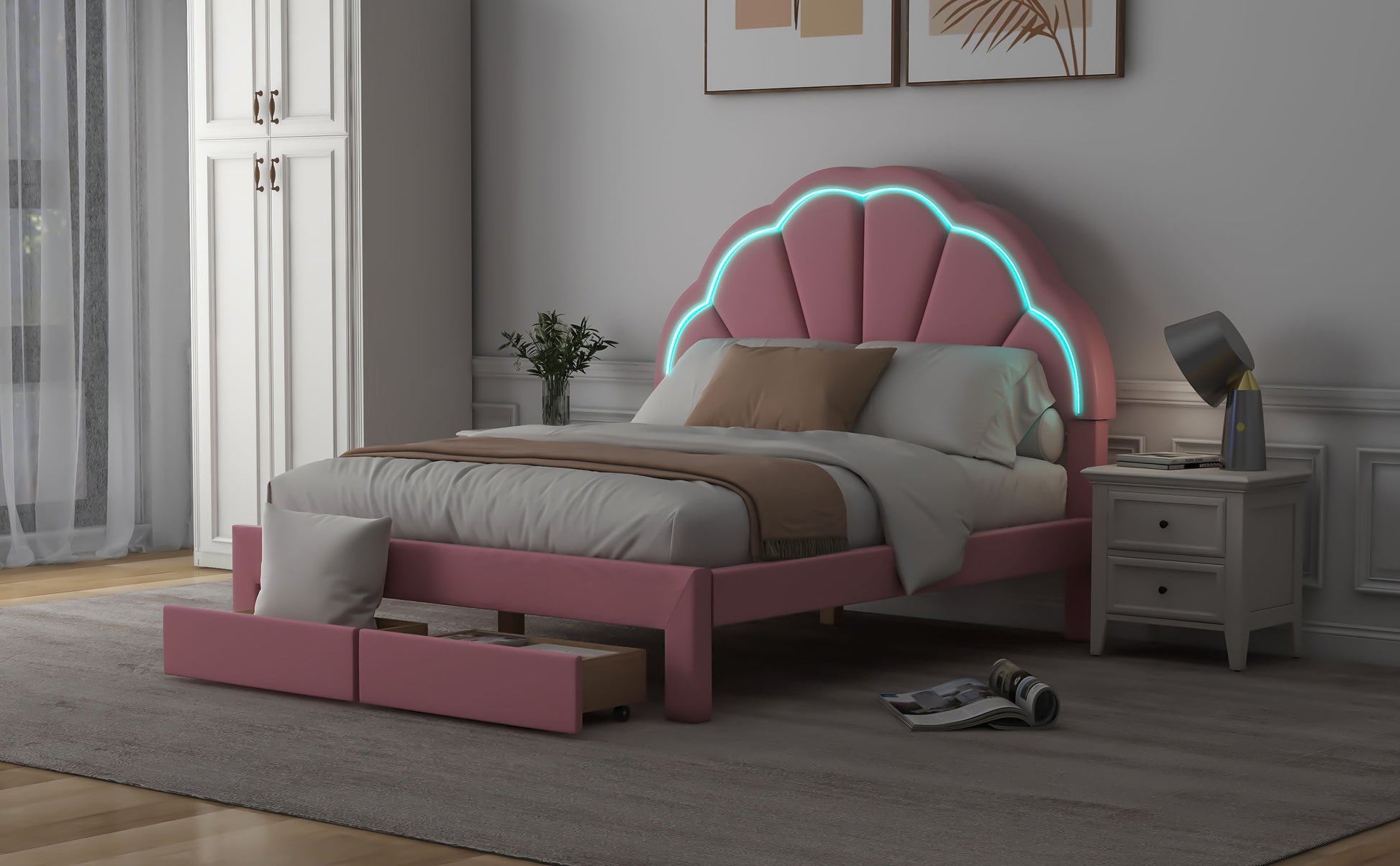 Full Size Upholstered Platform Bed With Seashell Shaped Headboard, Led And 2 Drawers, Pink Box Spring Not Required Full Pink Wood Bedroom Bed Frame Faux Leather Upholstered