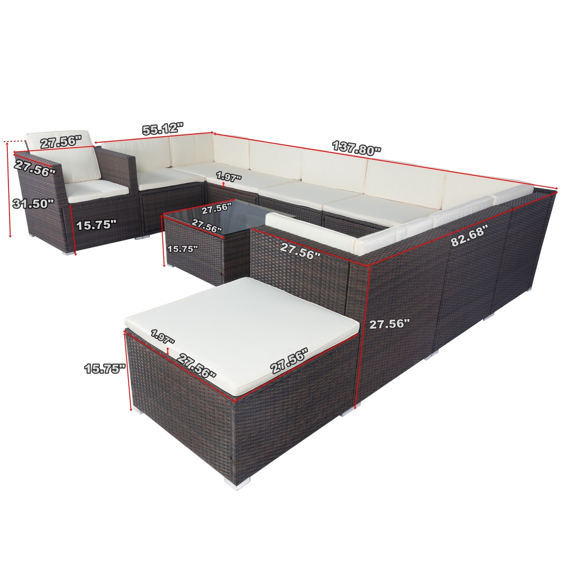 11 Piece Patio Wicker Conversation Set, 10 Seater Patio Sectional Set With 3 Storage Box Under Seat Brown Wicker White Cushion Yes Complete Patio Set Brown Rust Resistant Frame Mildew Resistant Cushion Garden & Outdoor Modern Complete Patio Sets Fiber