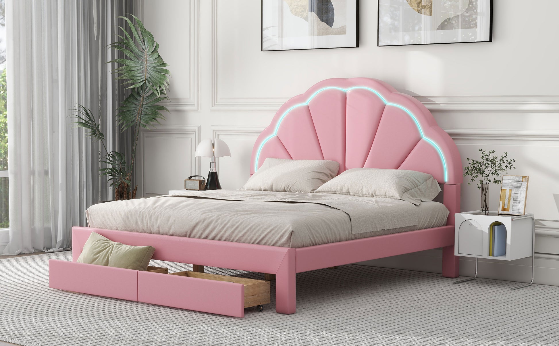 Queen Size Upholstered Platform Bed With Seashell Shaped Headboard, Led And 2 Drawers, Pink Box Spring Not Required Queen Pink Wood Bedroom Bed Frame Faux Leather Upholstered