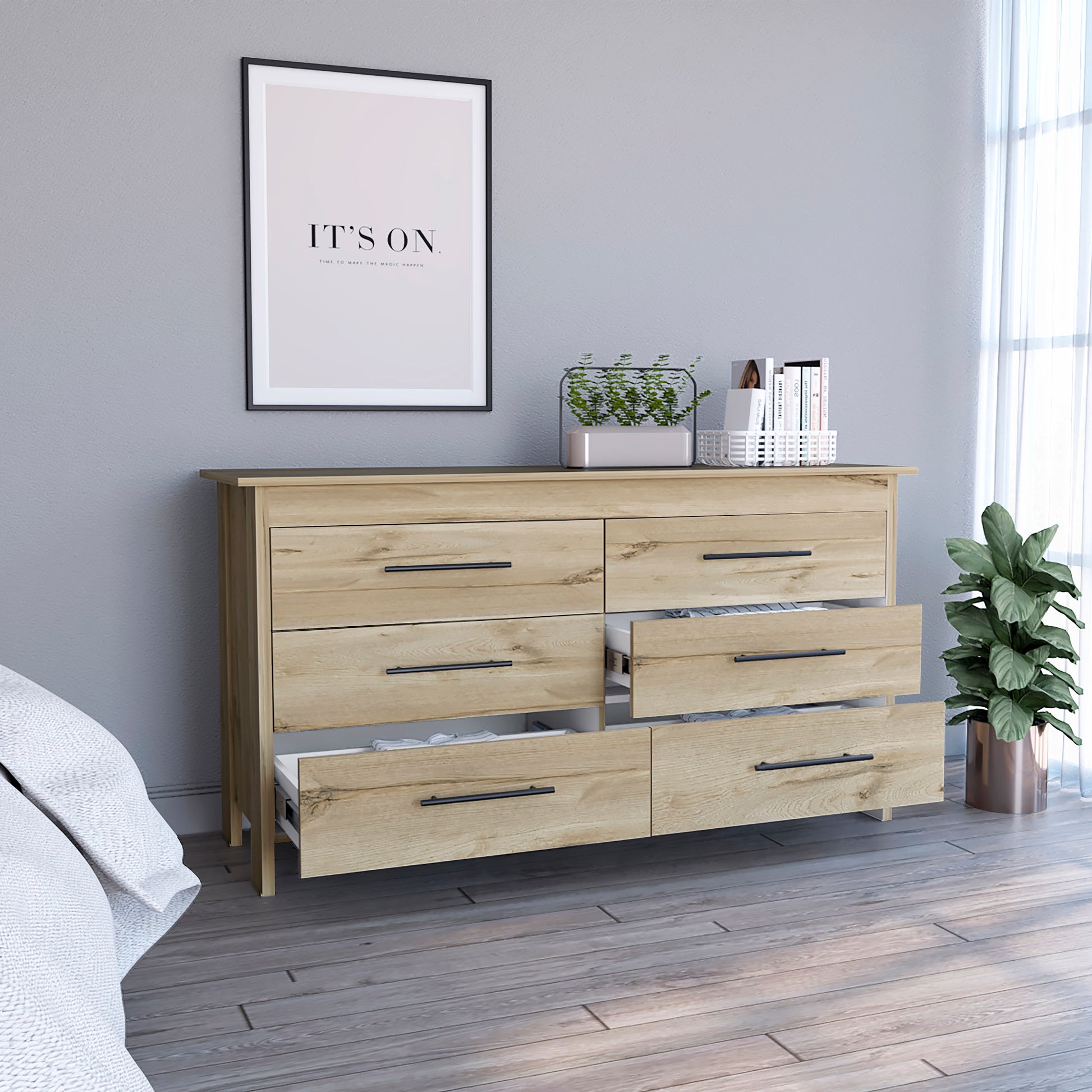 6 Drawer Double Dresser Wezz, Bedroom, Light Oak White Light Oak Particle Board Particle Board