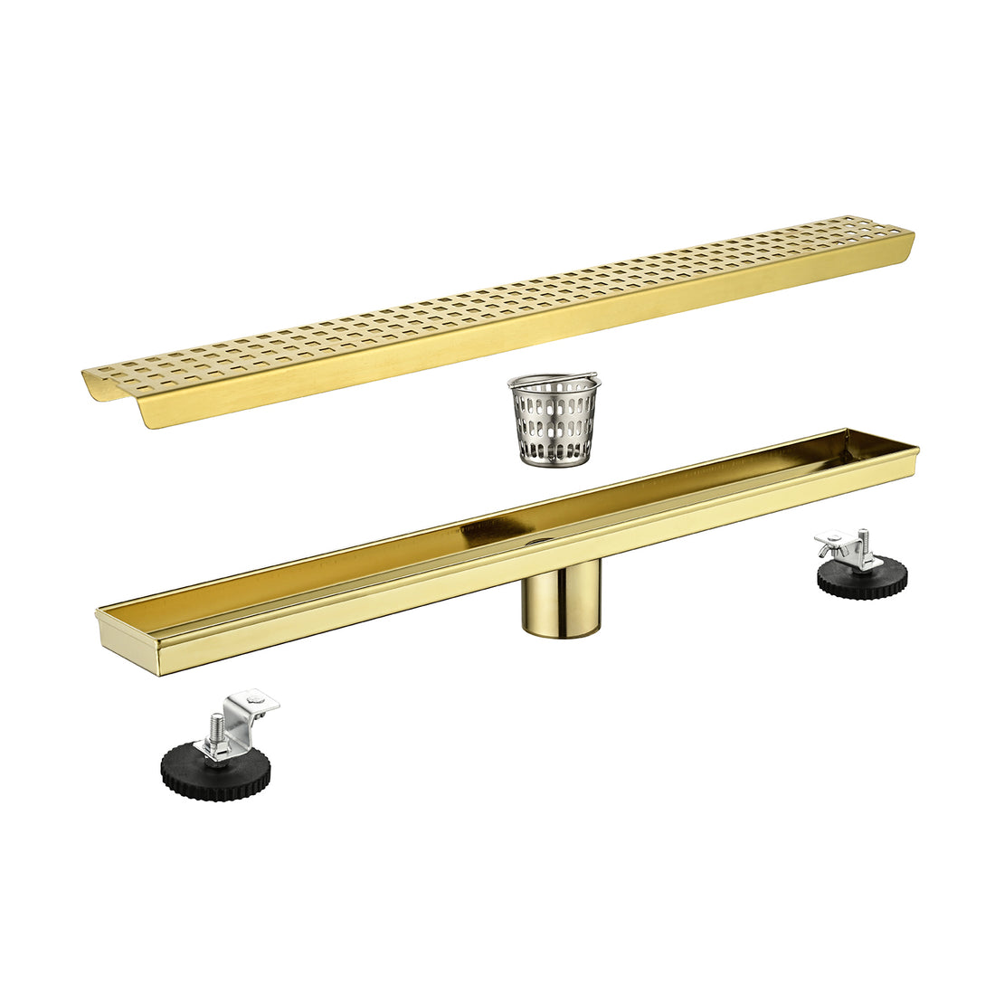 24 Inches Linear Shower Drain, Included Hair Strainer And Leveling Feet Brushed Gold Stainless Steel