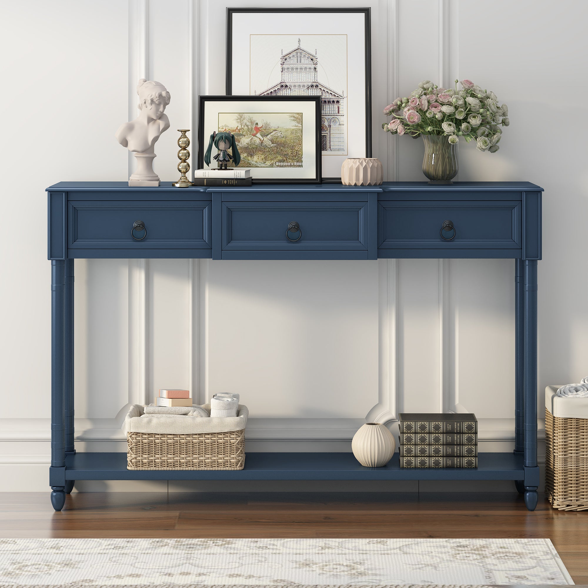 Console Table Sofa Table with Drawers for antique navy-solid wood+mdf