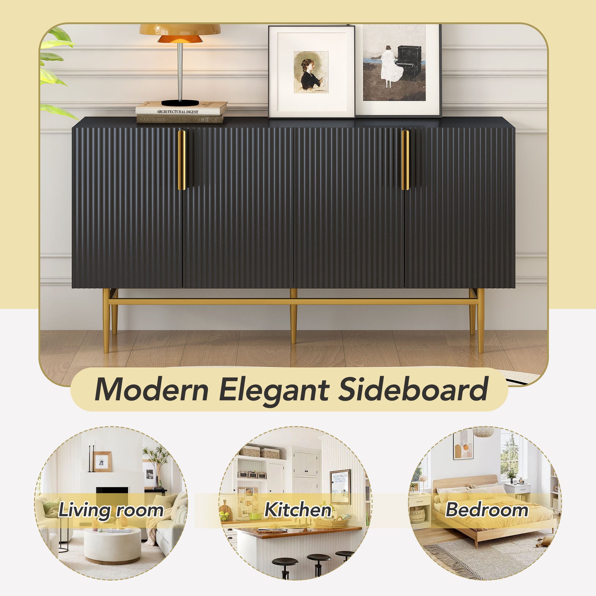 Modern Elegant 4 door Sideboard Gold Metal black-particle board