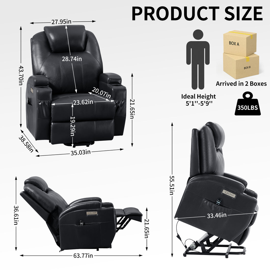 Up To 350Lbs Okin Motor Power Lift Recliner Chair For Elderly, Heavy Duty Motion Mechanism With 8 Point Vibration Massage And Lumbar Heating, Two Cup Holders And Usb Charge Port, Black White Metal Primary Living Space Heavy Duty Pine Black Faux Leather