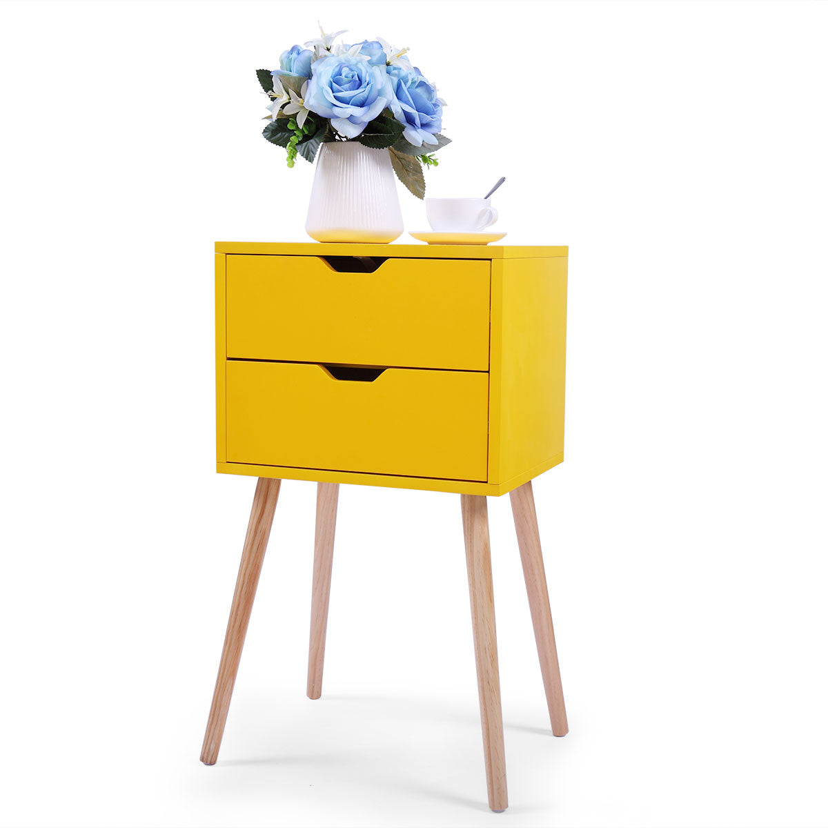 Mid Century Nightstand With 2 Sliding Drawers, Wood Sofa Side Table, Modern End Table For Living Room Bedroom, Set Of 2 Yellow Wood