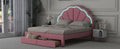 Queen Size Upholstered Platform Bed With Seashell Shaped Headboard, Led And 2 Drawers, Pink Box Spring Not Required Queen Pink Wood Bedroom Bed Frame Faux Leather Upholstered