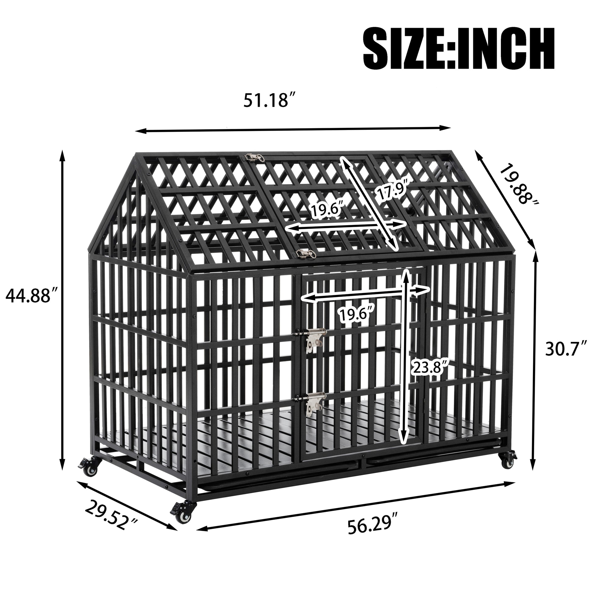 52" Heavy Duty Dog Crate Large Dog Cage Strong Metal Dog Kennels And Crates For Large Dogs With 4 Lockable Wheels Black Carbon Steel