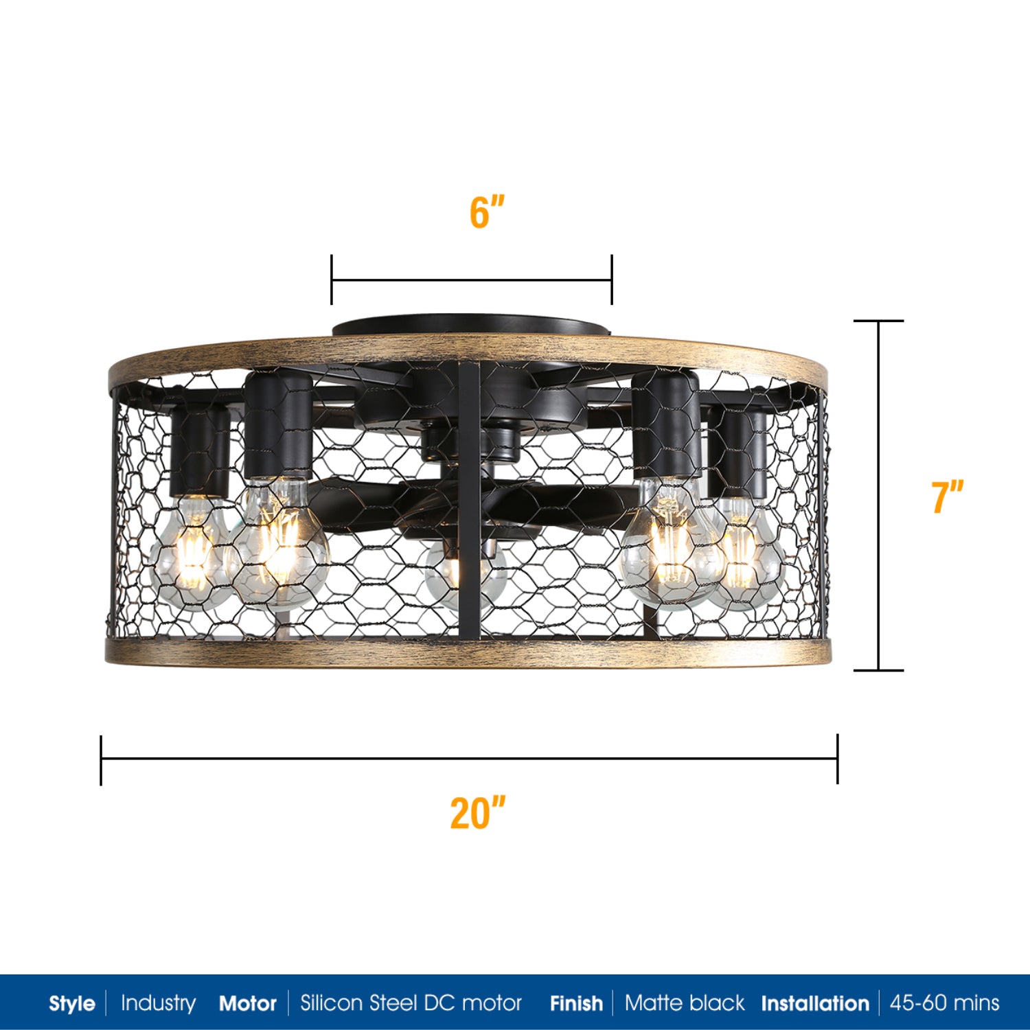 20 Inch Indoor Caged Ceiling Fan with Light