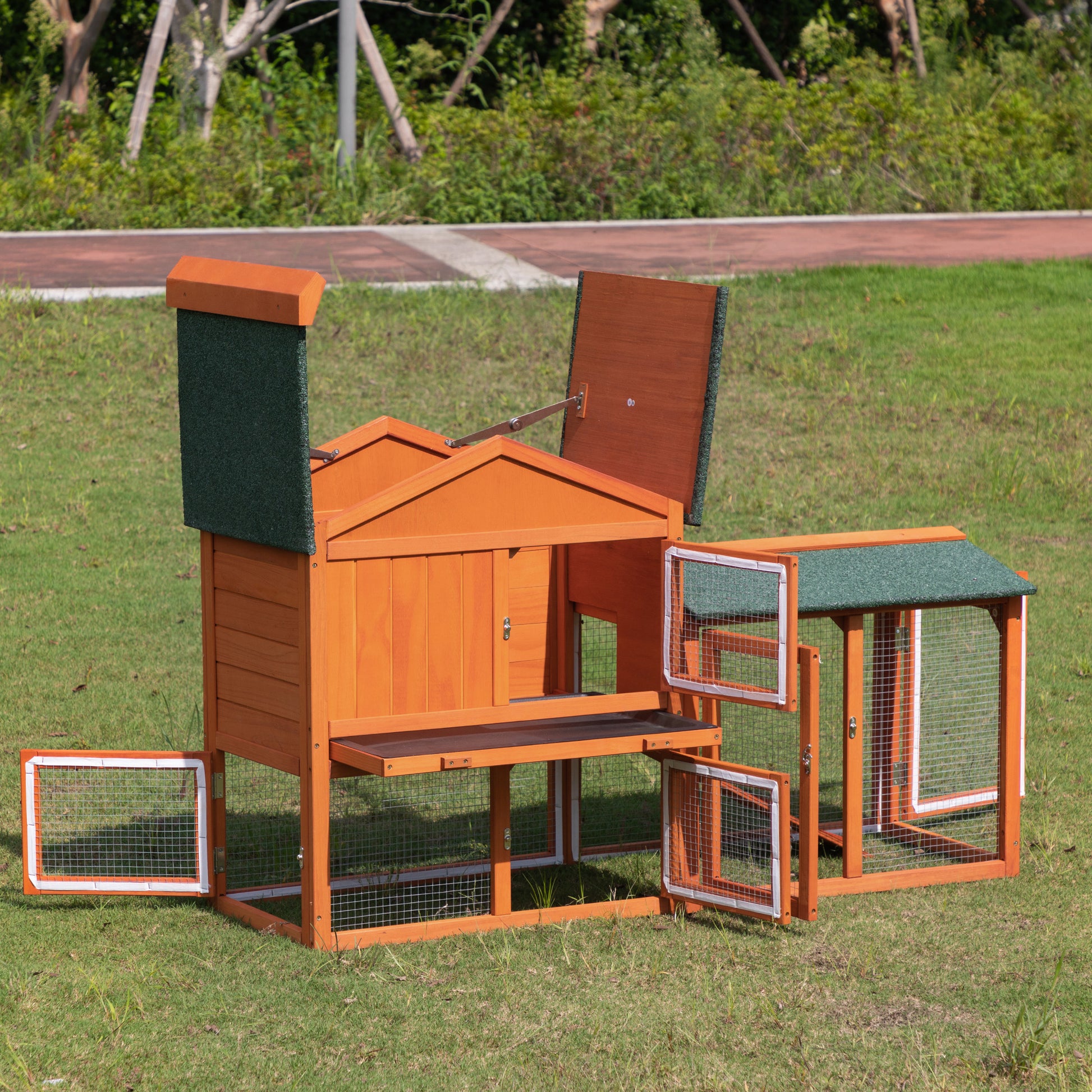 Large Wooden Rabbit Hutch Indoor And Outdoor Bunny Cage With A Removable Tray And A Waterproof Roof, Orange Red Orange Wood