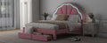 Full Size Upholstered Platform Bed With Seashell Shaped Headboard, Led And 2 Drawers, Pink Box Spring Not Required Full Pink Wood Bedroom Bed Frame Faux Leather Upholstered