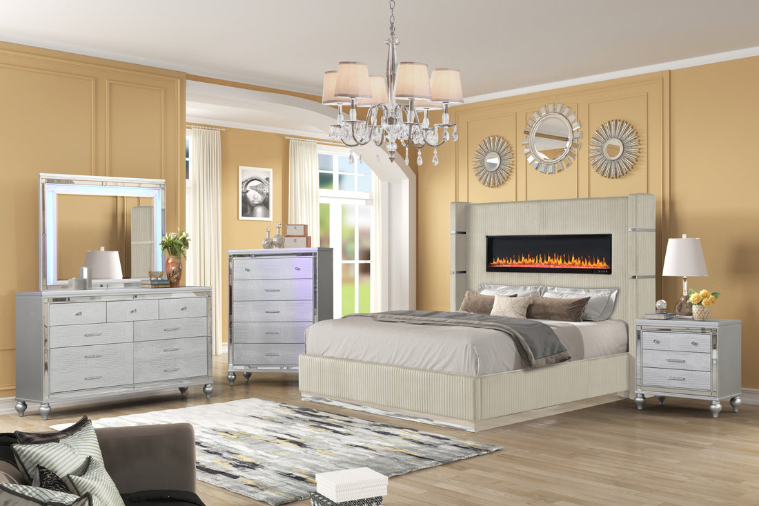 Lizelle Upholstery Wooden Queen 5 Pc Bedroom Set With Ambient Lighting In Beige Velvet Finish Box Spring Required Queen Beige Wood 5 Piece Set Bedroom Bed Included,Chest Included,Dresser Included,Mirror Included,Nightstand Included Modern Solid Wood Mdf