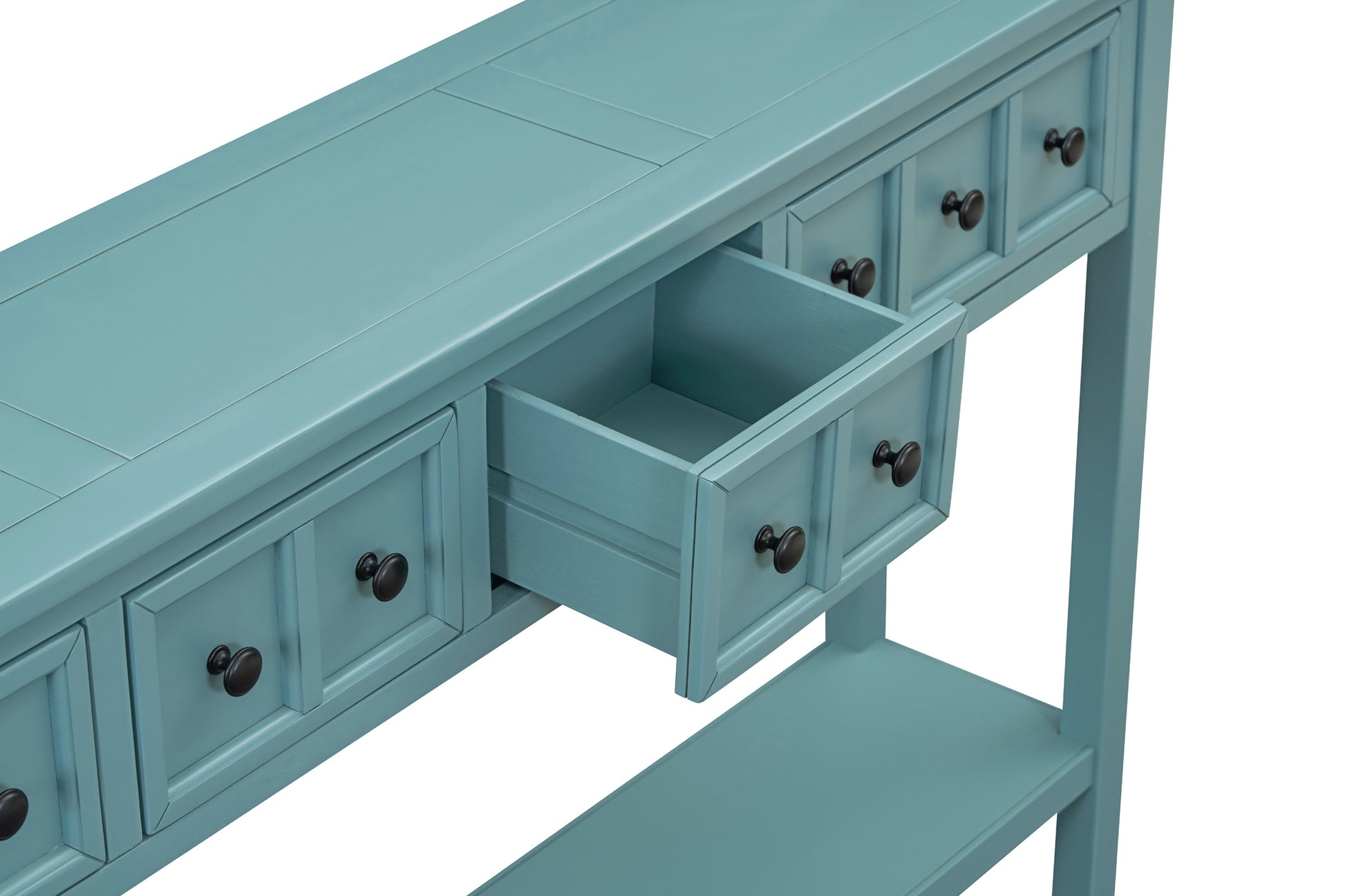 Rustic Entryway Console Table, 60" Long Sofa Table With Two Different Size Drawers And Bottom Shelf For Storage Turquoise Green Turquoise Green Solid Wood