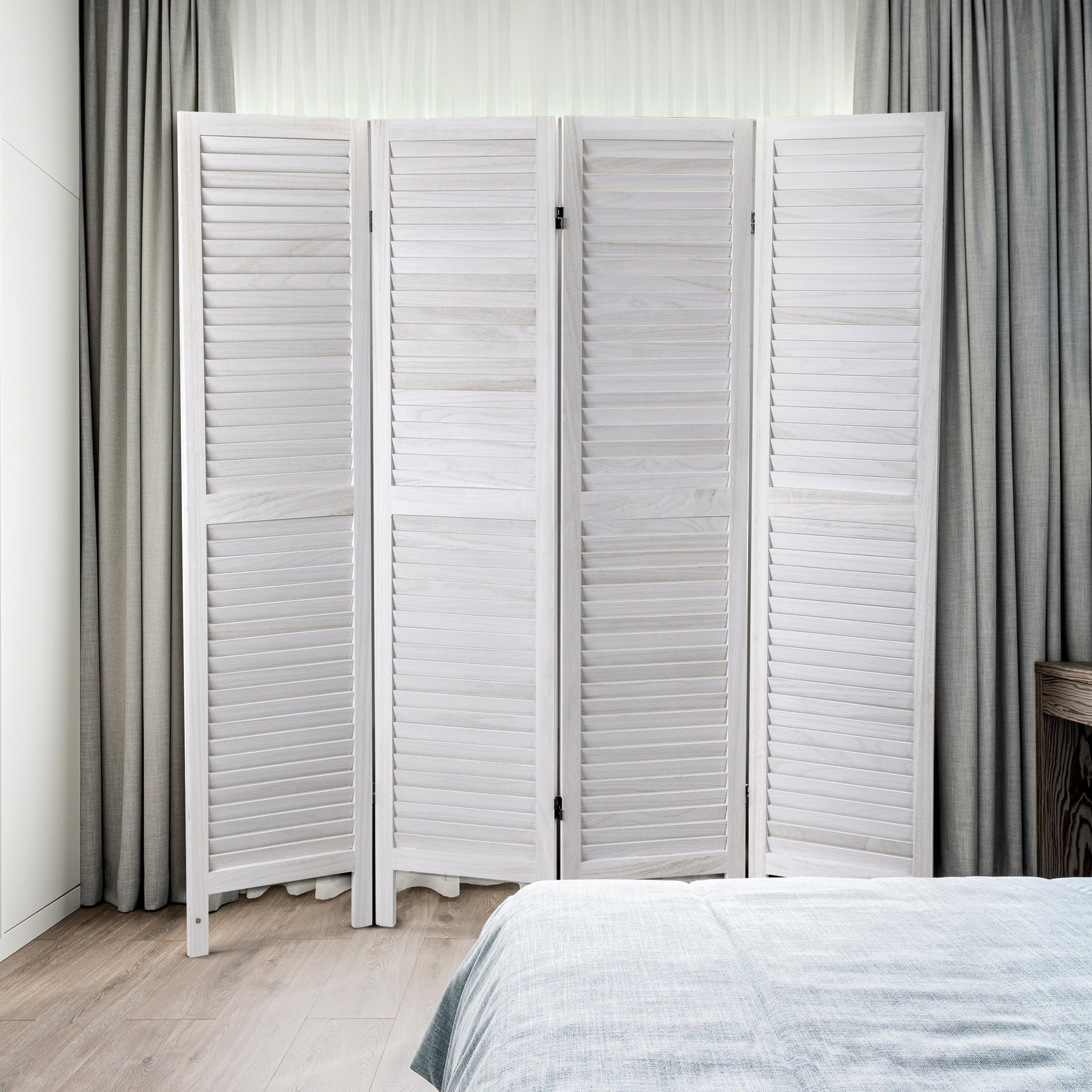 Sycamore Wood 4 Panel Screen Folding Louvered Room Divider Old White White Wood