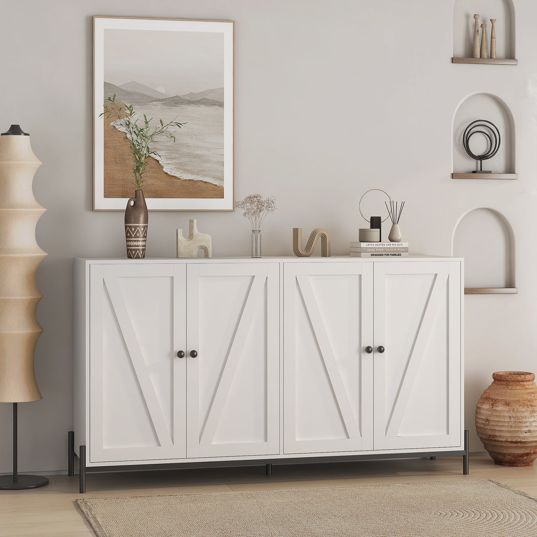 Storage Cabinet Buffet Cabinet With 2 Cabinet, 4 Doors, Metal Leg, Sideboard Wooden Cabinet, Entryway Floor Cabinet For Living Room, Study, And Entryway White White Mdf