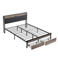 Queen Size Metal Platform Bed Frame With Upholstery Storage Function Headboardand Usb Liner And Footboard With Drawersno Box Spring Needed, Large Under Bed Storage, Easy Assemble Black Gray Mdf Metal