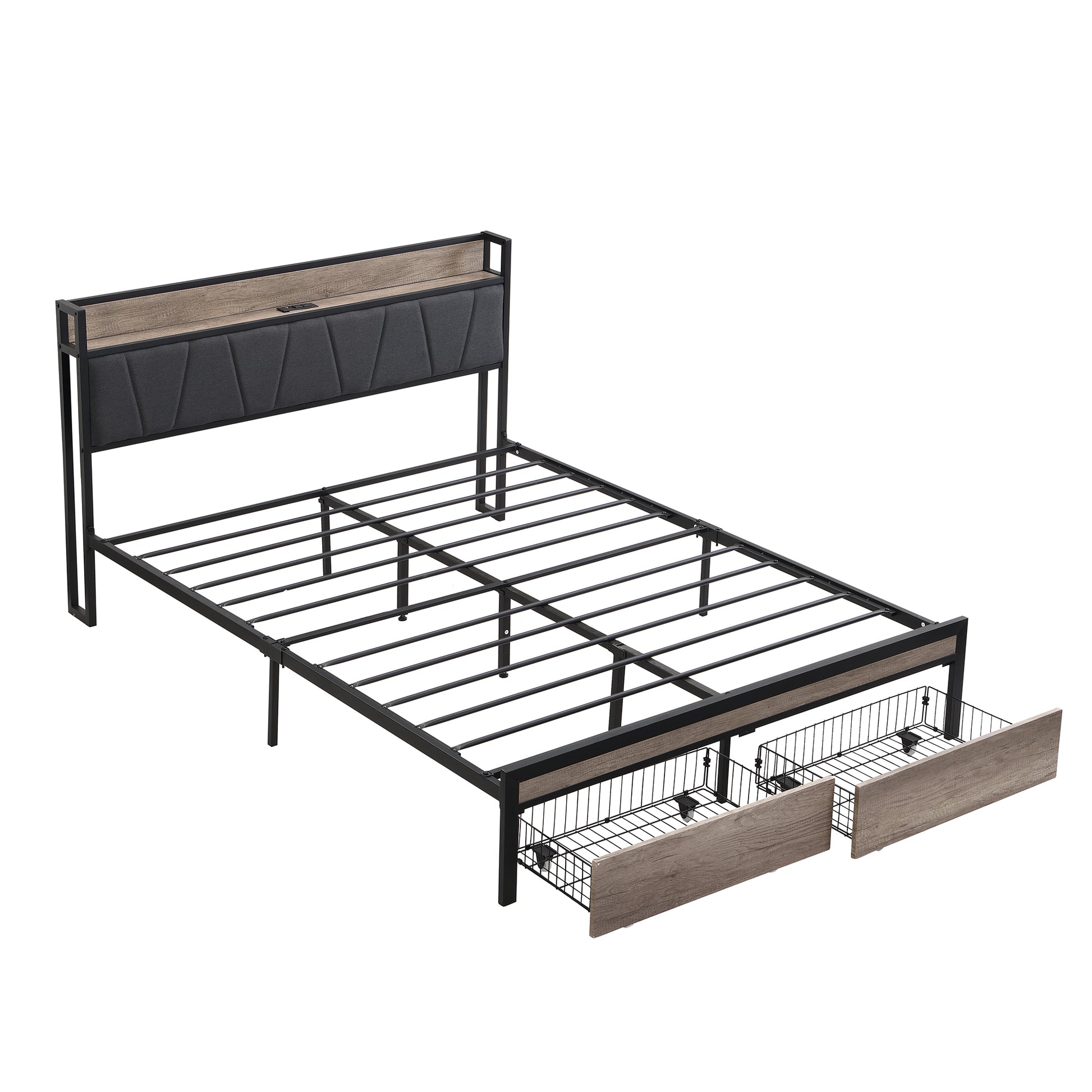 Queen Size Metal Platform Bed Frame With Upholstery Storage Function Headboardand Usb Liner And Footboard With Drawersno Box Spring Needed, Large Under Bed Storage, Easy Assemble Black Gray Mdf Metal
