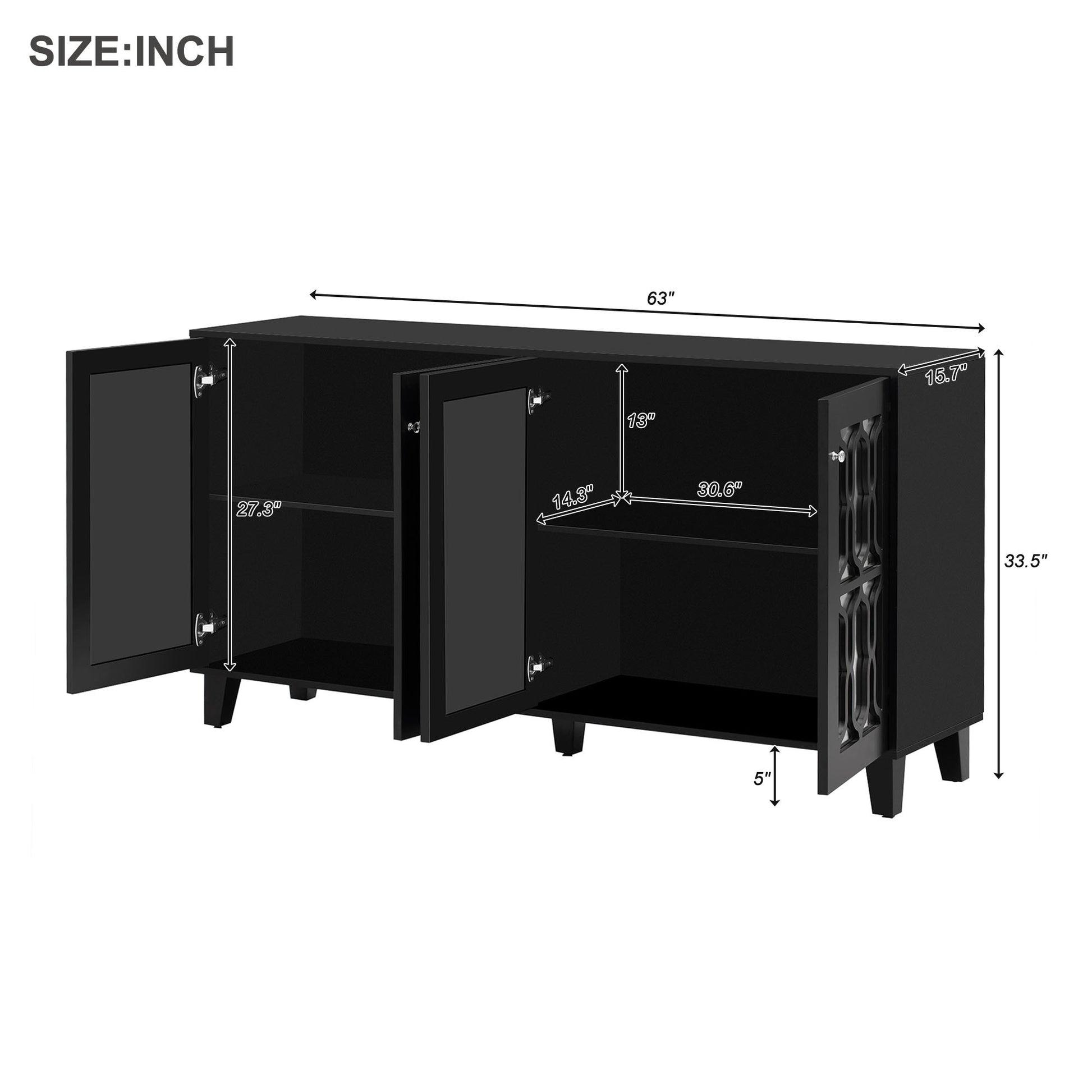 Buffet Cabinet With Adjustable Shelves, 4 Door Mirror Hollow Carved Tv Stand For Tvs Up To 70'', Multi Functional Console Table With Storage Credenza Accent Cabinet For Living Room, Black 3 4 Spaces Black Primary Living Space Adjustable Shelves Mdf