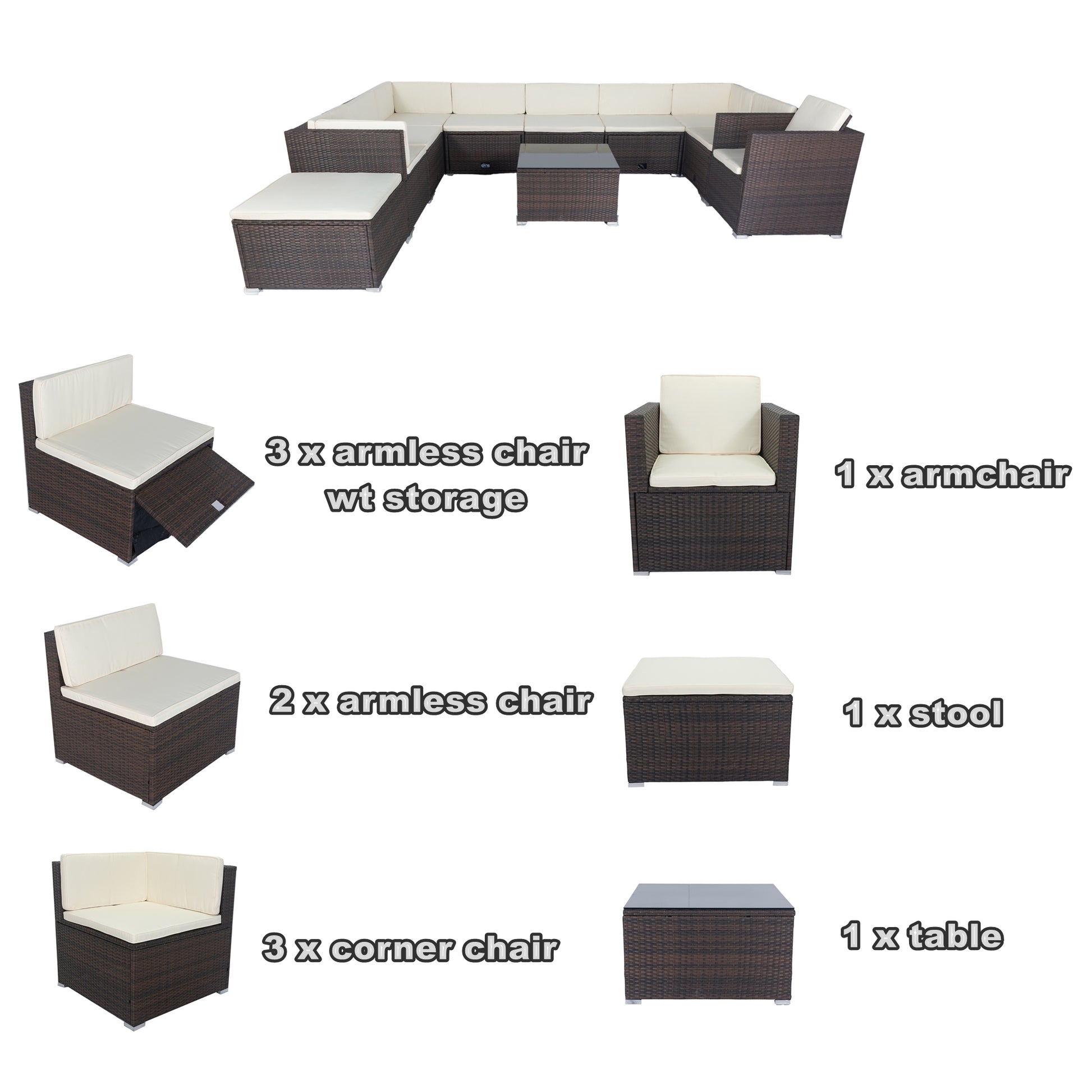 11 Piece Patio Wicker Conversation Set, 10 Seater Patio Sectional Set With 3 Storage Box Under Seat Brown Wicker White Cushion Yes Complete Patio Set Brown Rust Resistant Frame Mildew Resistant Cushion Garden & Outdoor Modern Complete Patio Sets Fiber