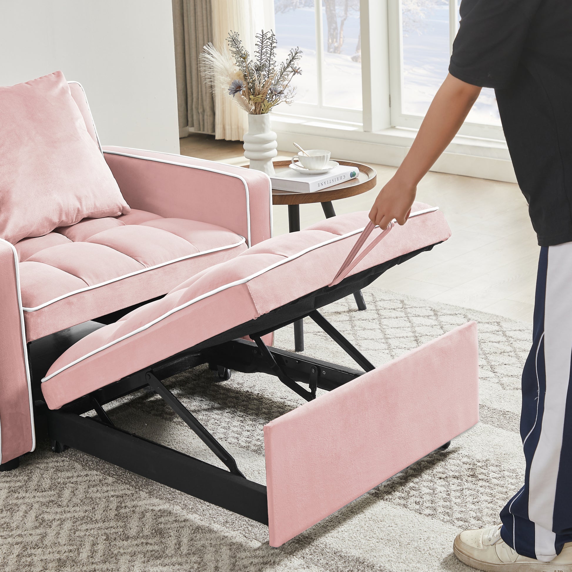 Three In One Sofa Bed Chair Folding Sofa Bed Adjustable Back Into A Sofa Recliner Single Bed Adult Modern Chair Bed Berth Pink White Wood Primary Living Space Medium Duty Eucalyptus 1 Seat Pink Velvet Medium Soft Tufted Back Modern Pillow Top Arms Solid