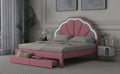 Queen Size Upholstered Platform Bed With Seashell Shaped Headboard, Led And 2 Drawers, Pink Box Spring Not Required Queen Pink Wood Bedroom Bed Frame Faux Leather Upholstered