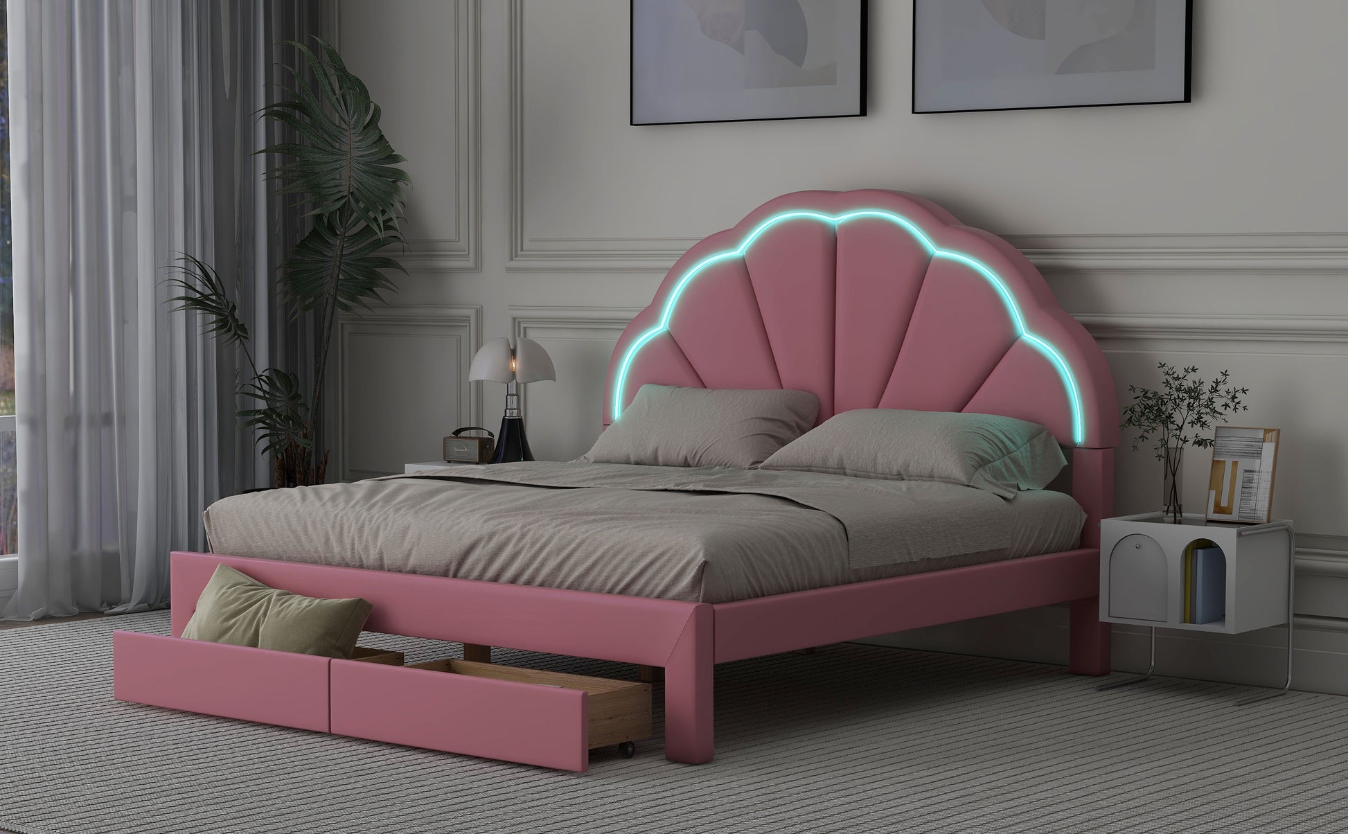 Queen Size Upholstered Platform Bed With Seashell Shaped Headboard, Led And 2 Drawers, Pink Box Spring Not Required Queen Pink Wood Bedroom Bed Frame Faux Leather Upholstered